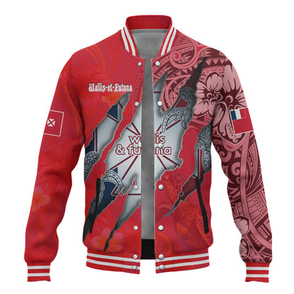 Wallis And Futuna Baseball Jacket Custom Wallisian Futunan Blood Inside Me Polynesian Sleeve Tattoo Tropical Red