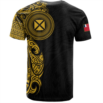 Wallis And Futuna T-Shirt Custom Polynesian Half Sleeve Gold Tattoo With Seal Black