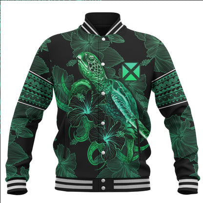 Wallis And Futuna Baseball Jacket  Sea Turtle With Blooming Hibiscus Flowers Tribal Green
