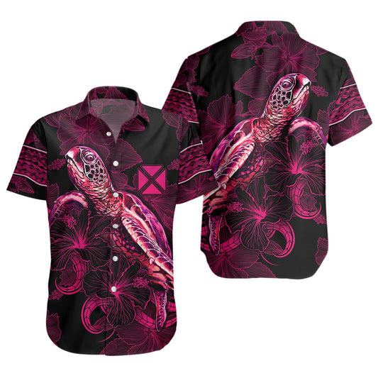 Wallis And Futuna Short Sleeve Shirt Sea Turtle With Blooming Hibiscus Flowers Tribal Maroon