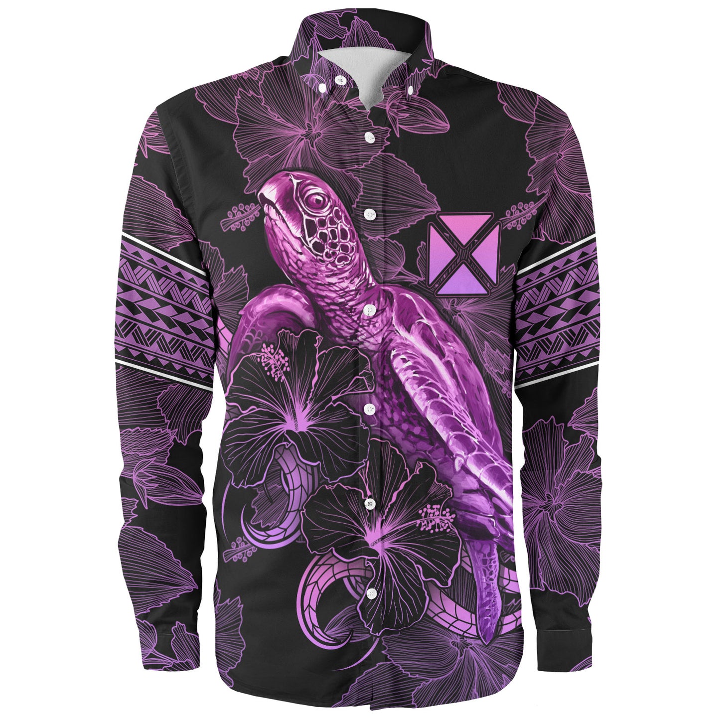 Wallis And Futuna Long Sleeve Shirt Sea Turtle With Blooming Hibiscus Flowers Tribal Purple