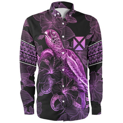 Wallis And Futuna Long Sleeve Shirt Sea Turtle With Blooming Hibiscus Flowers Tribal Purple