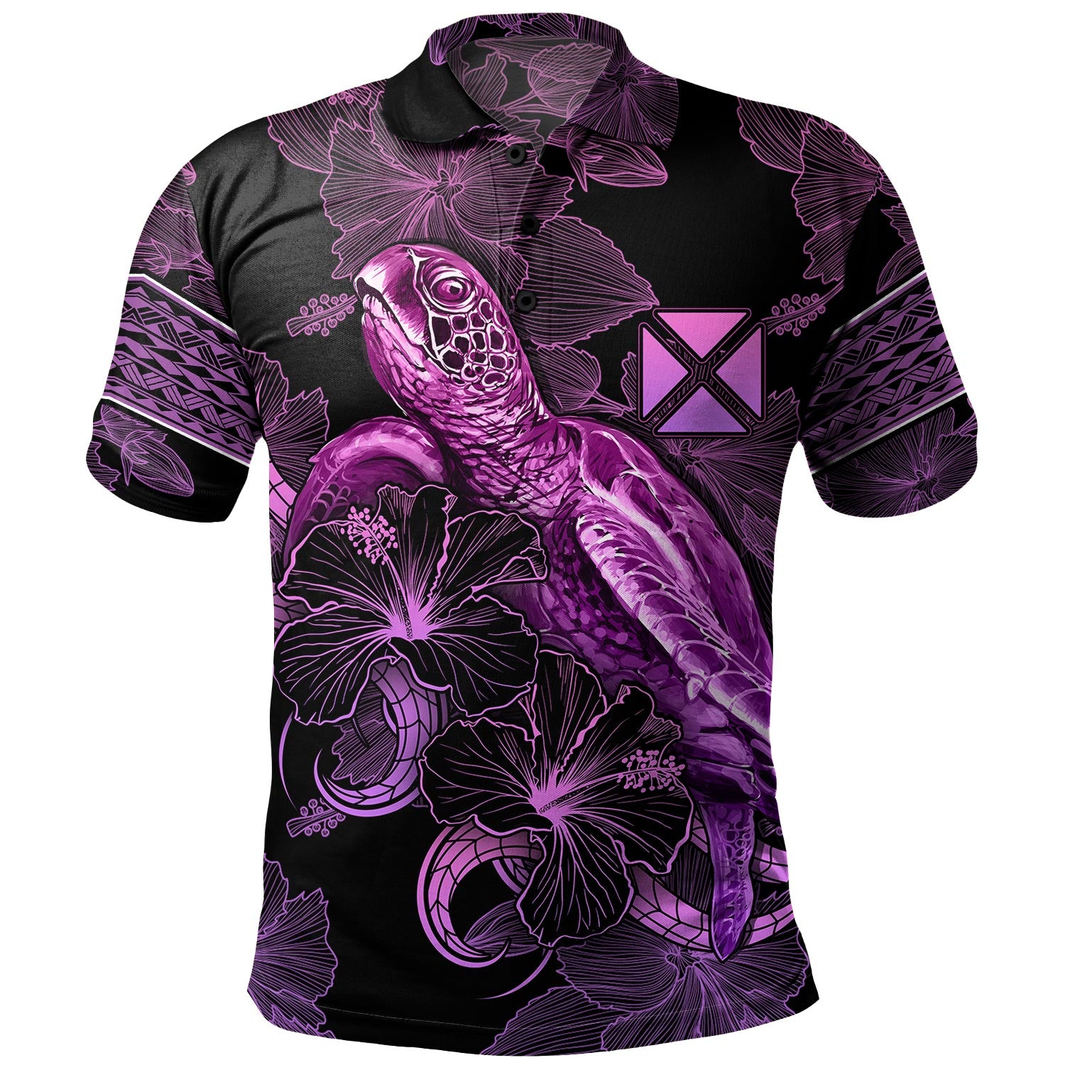 Wallis And Futuna Polo Shirt Sea Turtle With Blooming Hibiscus Flowers Tribal Purple
