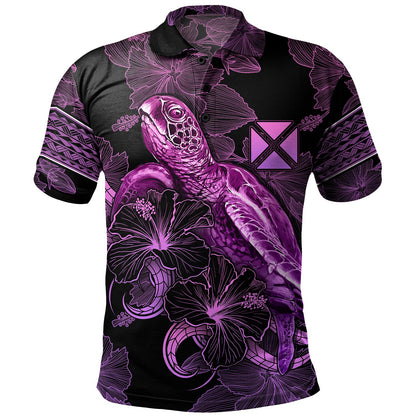 Wallis And Futuna Polo Shirt Sea Turtle With Blooming Hibiscus Flowers Tribal Purple