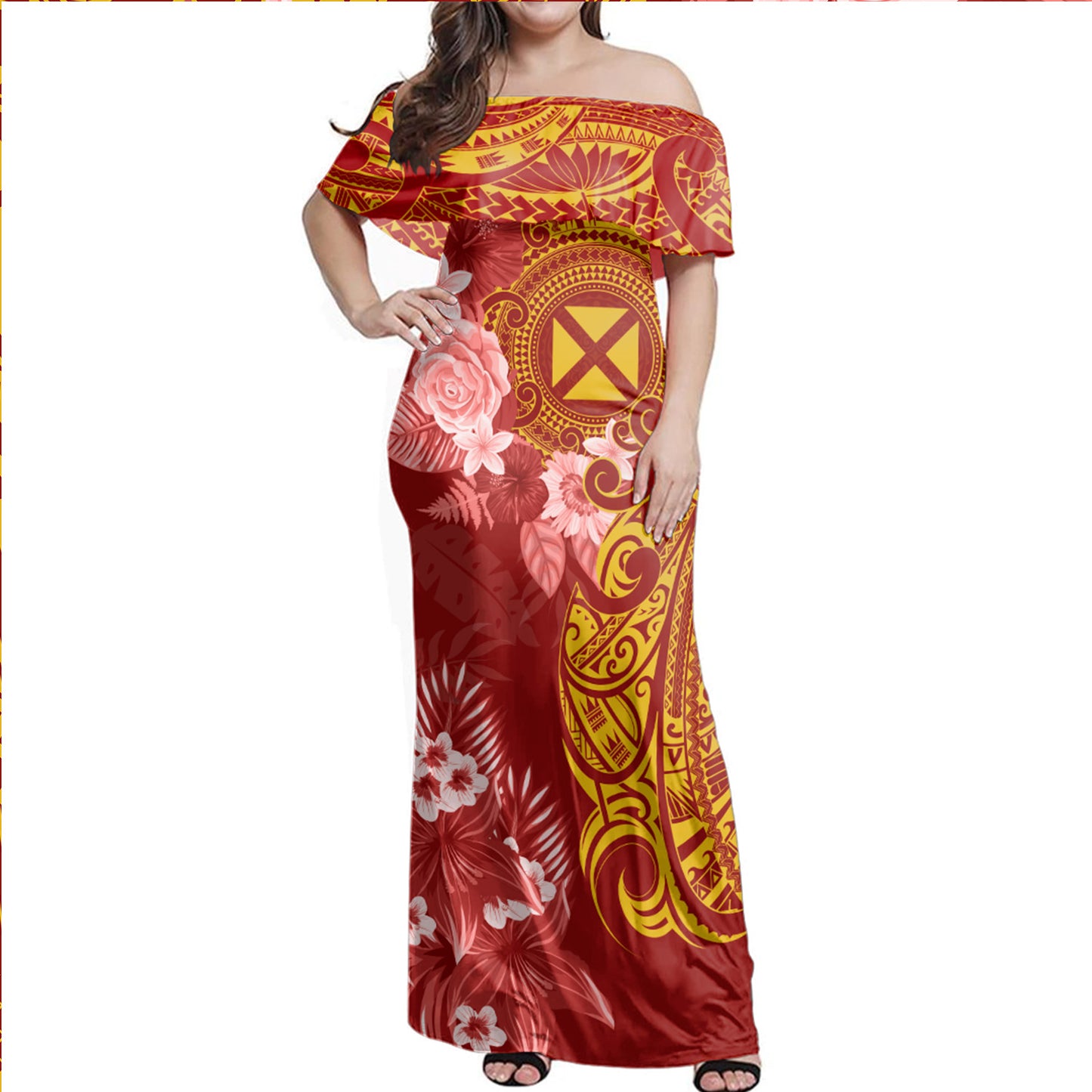 Wallis And Futuna Combo Off Shoulder Long Dress And Shirt Polynesian Tropical Plumeria Tribal Red