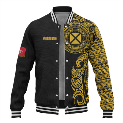 Wallis And Futuna Baseball Jacket Custom Polynesian Half Sleeve Gold Tattoo With Seal Black