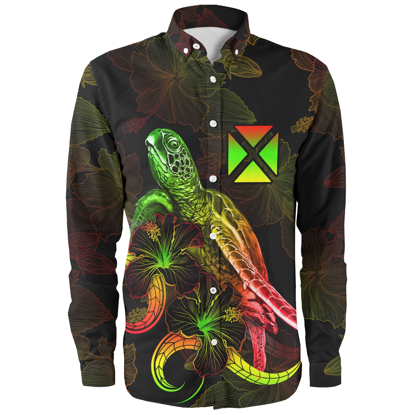 Wallis And Futuna Long Sleeve Shirt Sea Turtle With Blooming Hibiscus Flowers Reggae