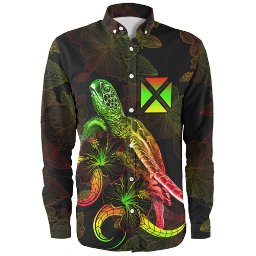 Wallis And Futuna Long Sleeve Shirt Sea Turtle With Blooming Hibiscus Flowers Reggae