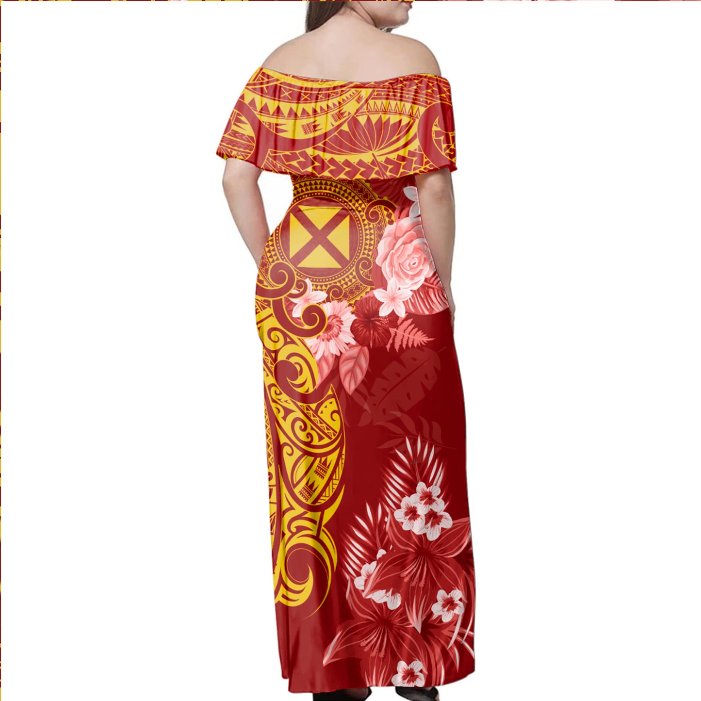 Wallis And Futuna Combo Off Shoulder Long Dress And Shirt Polynesian Tropical Plumeria Tribal Red