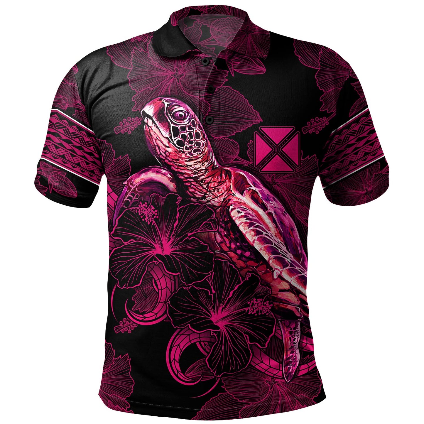 Wallis And Futuna Polo Shirt Sea Turtle With Blooming Hibiscus Flowers Tribal Maroon