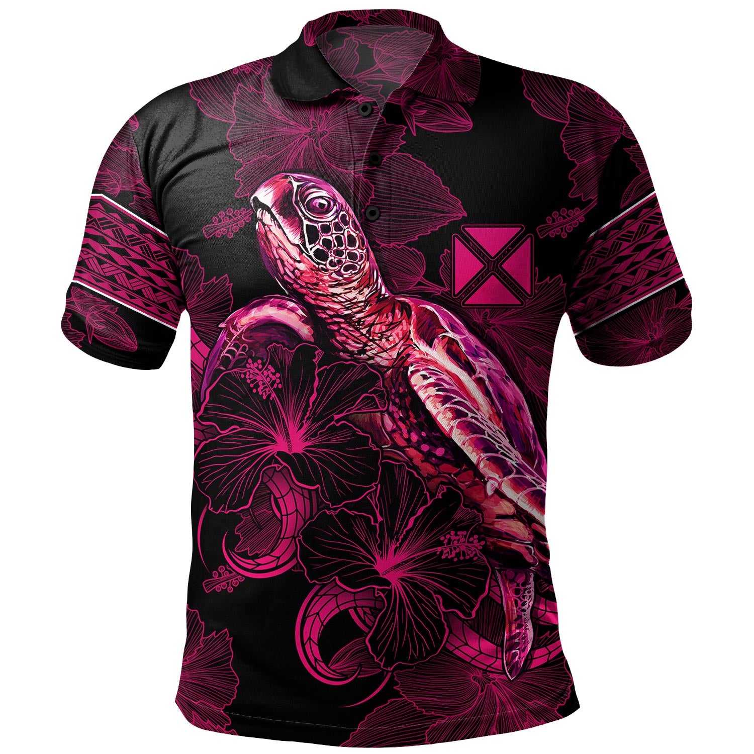Wallis And Futuna Polo Shirt Sea Turtle With Blooming Hibiscus Flowers Tribal Maroon