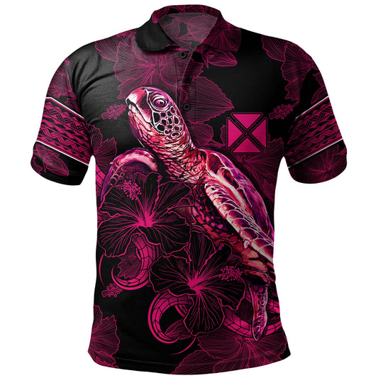 Wallis And Futuna Polo Shirt Sea Turtle With Blooming Hibiscus Flowers Tribal Maroon