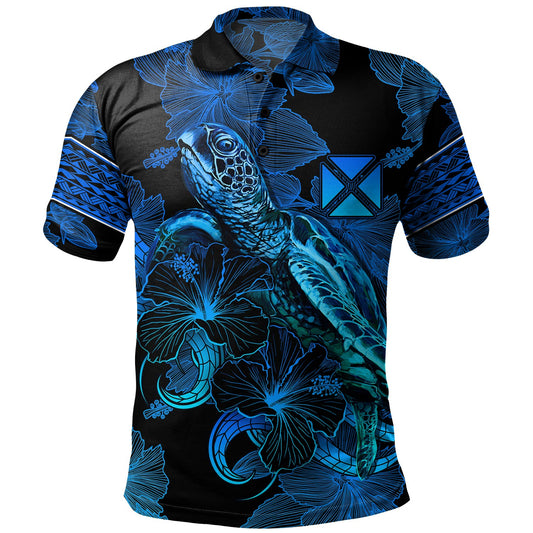Wallis And Futuna Polo Shirt Sea Turtle With Blooming Hibiscus Flowers Tribal Blue
