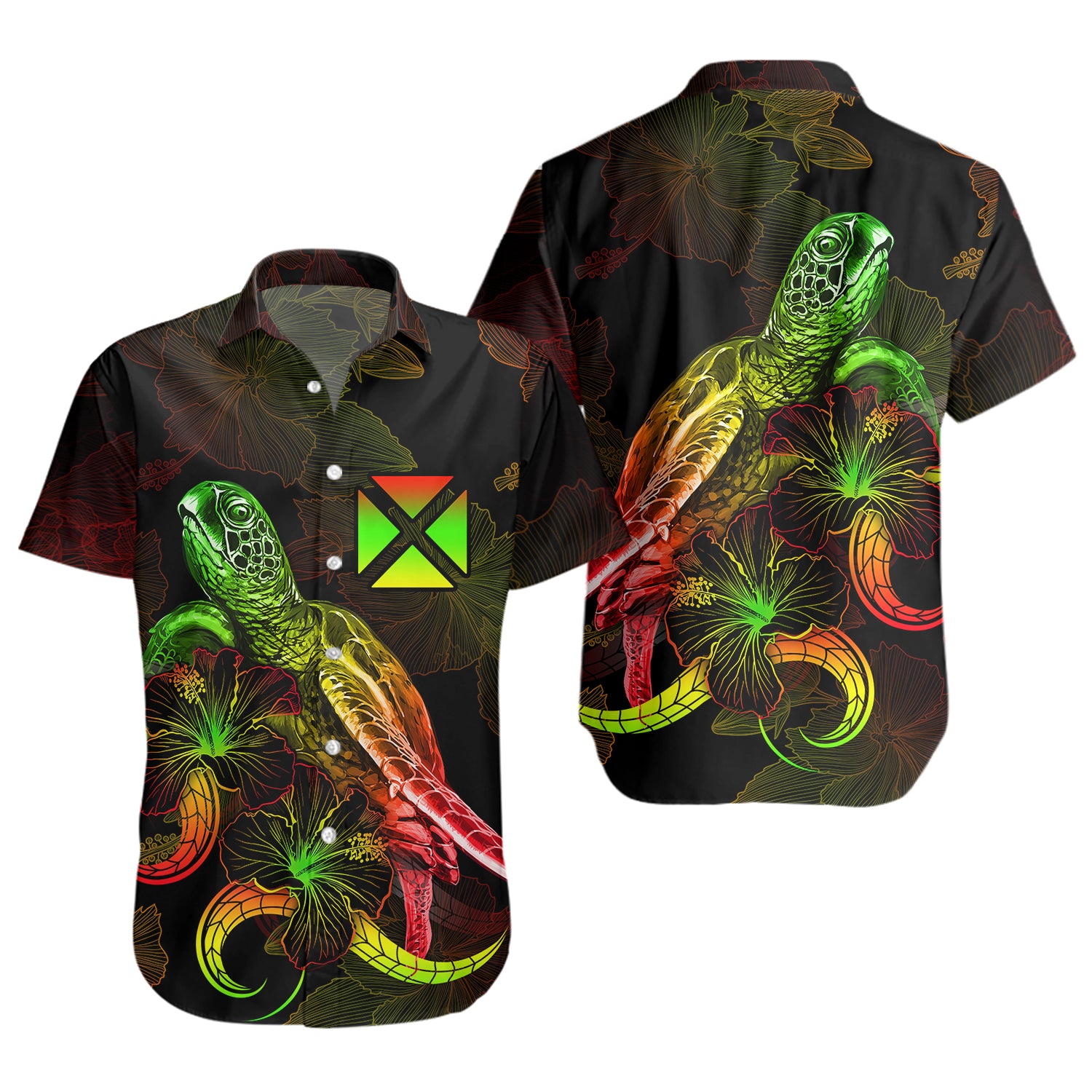 Wallis And Futuna Short Sleeve Shirt Sea Turtle With Blooming Hibiscus Flowers Reggae