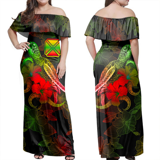 Wallis And Futuna Woman Off Shoulder Long Dress - Sea Turtle With Blooming Hibiscus Flowers Reggae