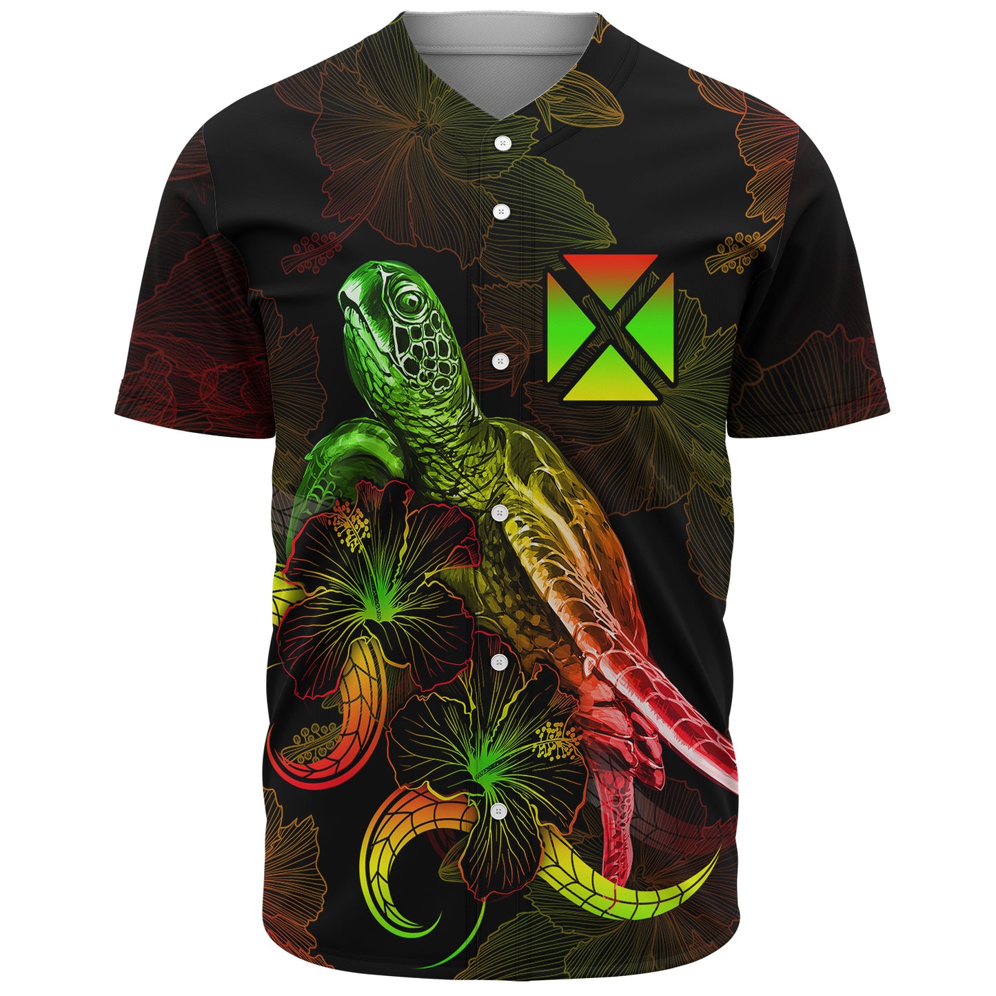 Wallis And Futuna Baseball Shirt Sea Turtle With Blooming Hibiscus Flowers Reggae