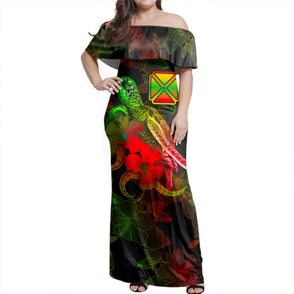 Wallis And Futuna Woman Off Shoulder Long Dress - Sea Turtle With Blooming Hibiscus Flowers Reggae