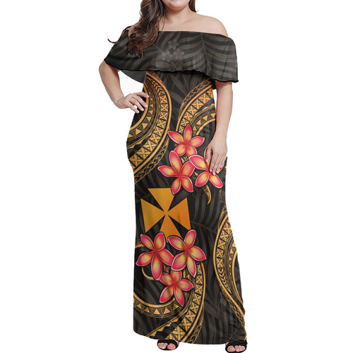 Wallis and Futuna Woman Off Shoulder Long Dress Polynesian Gold Plumeria