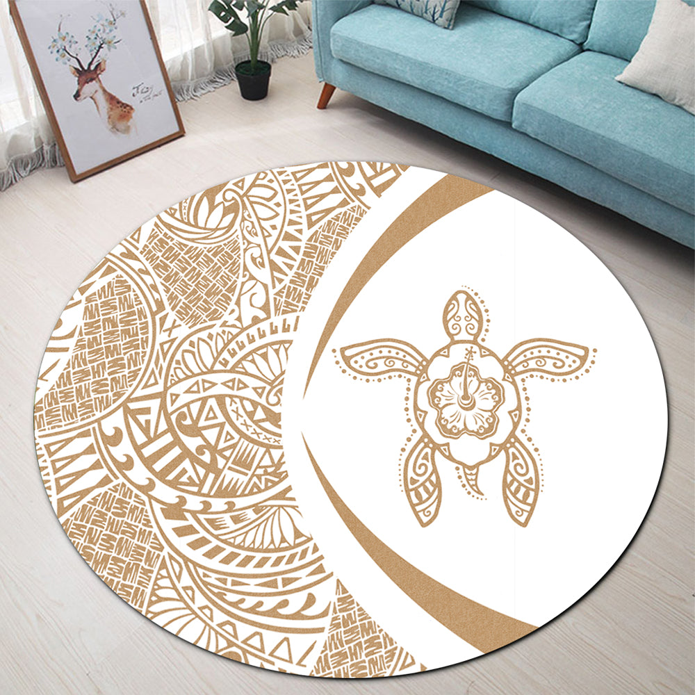 Hawaii Round Rug Turtle Hibiscus Lauhala White Gold Circle