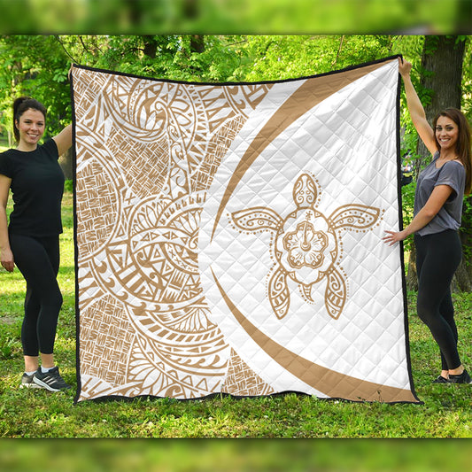 Hawaii Premium Quilt Turtle Hibiscus Lauhala White Gold Circle