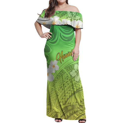 Polynesian Woman Off Shoulder Long Dress - Green Plumeria Polynesian Pattern