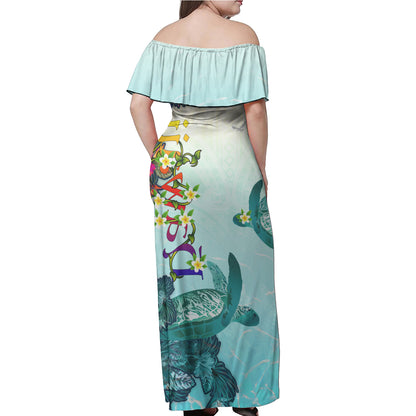Hawaii Polynesian Woman Off Shoulder Long Dress - Polynesian Turtle