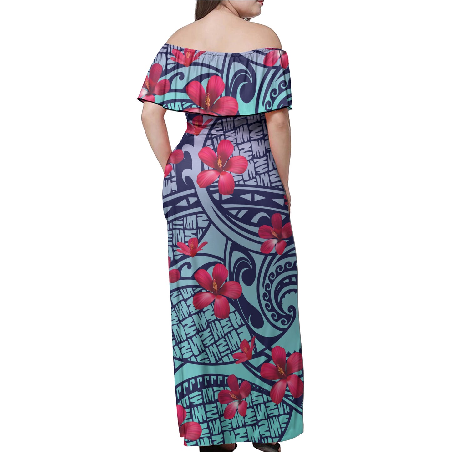 Hawaii Polynesian Woman Off Shoulder Long Dress - Polynesian Flower 2