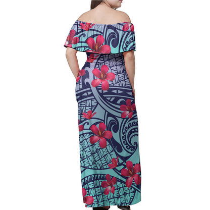 Hawaii Polynesian Woman Off Shoulder Long Dress - Polynesian Flower 2