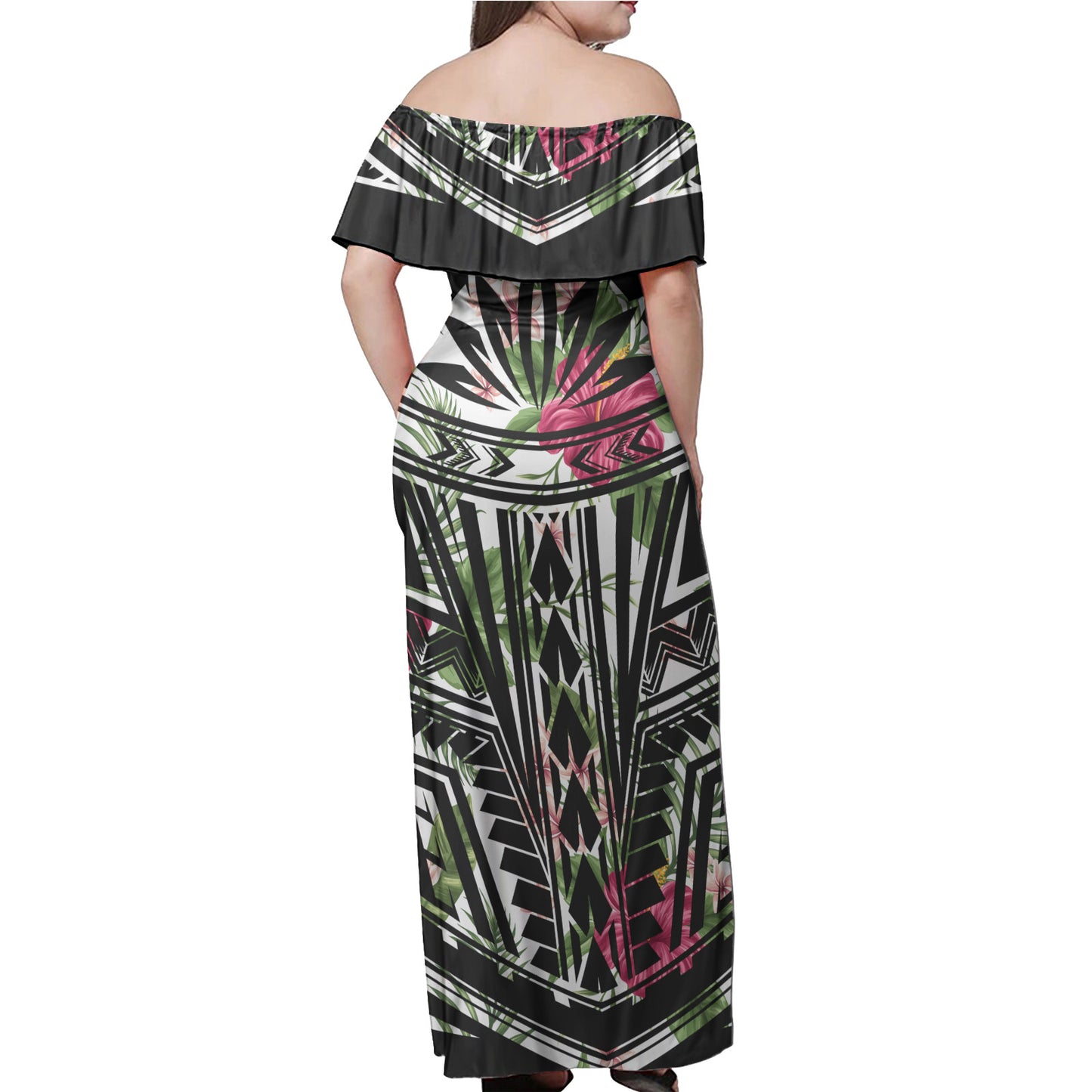 Polynesian Woman Off Shoulder Long Dress - Tropical Flower Polynesian Pattern