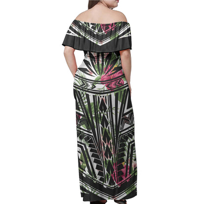 Polynesian Woman Off Shoulder Long Dress - Tropical Flower Polynesian Pattern