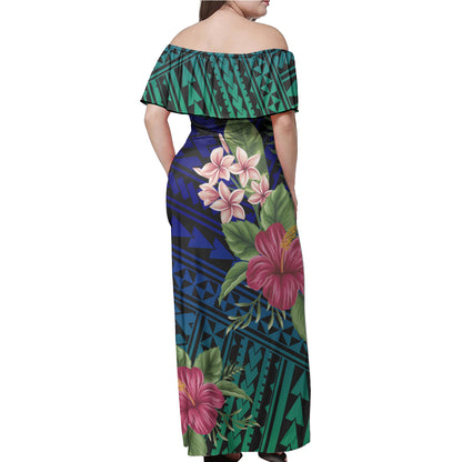 Polynesian Woman Off Shoulder Long Dress - Polynesian Flower Blue