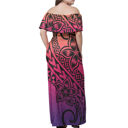 Hawaii Polynesian Woman Off Shoulder Long Dress - Polynesian Flower Purple