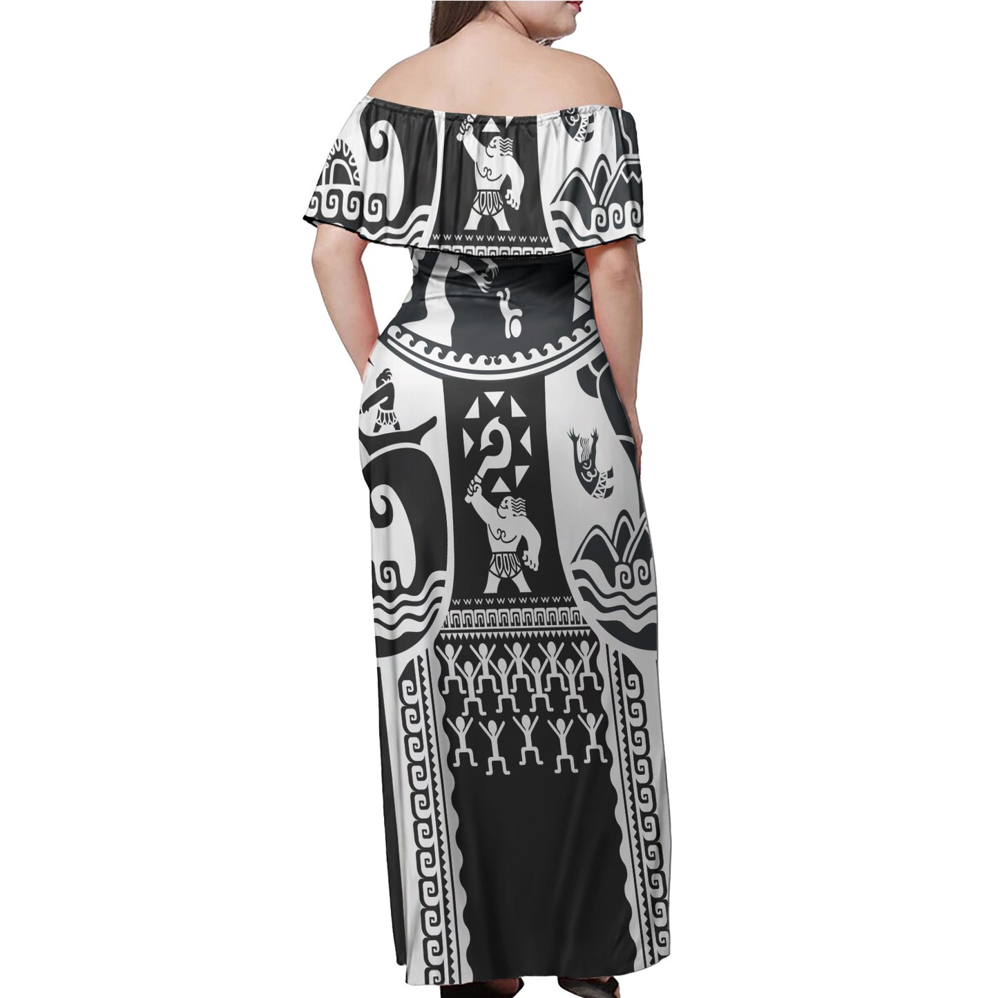 Maui Tattoo Polynesian Woman Off Shoulder Long Dress - Black and White Tribal Pattern