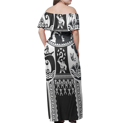 Maui Tattoo Polynesian Woman Off Shoulder Long Dress - Black and White Tribal Pattern