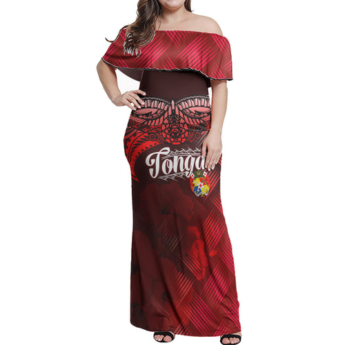 Tonga Polynesian Woman Off Shoulder Long Dress - Tonga Coat Of Arms with Lauhala Tribal Pattern