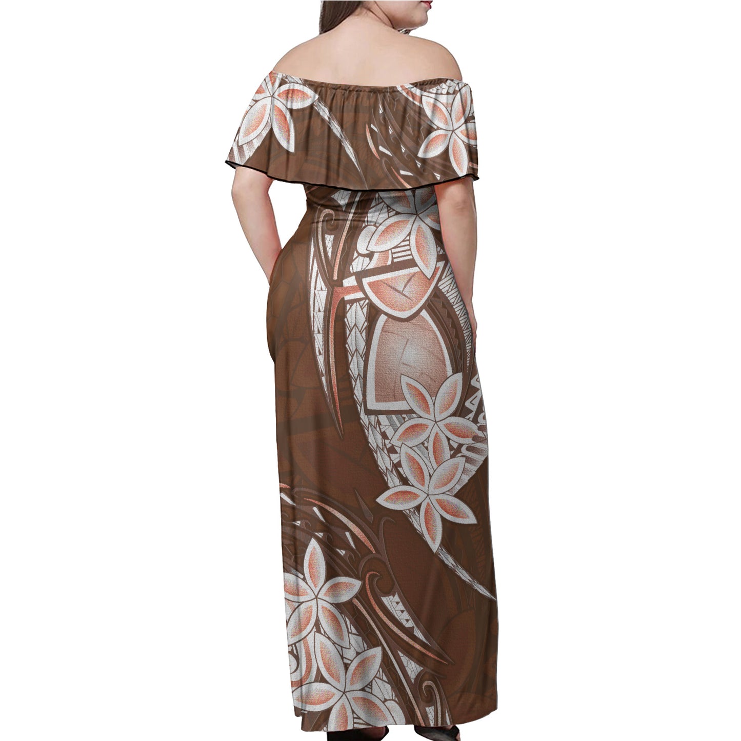 Guam Women Off Shoulder Long Dress Latte Stone Plumeria Flowers