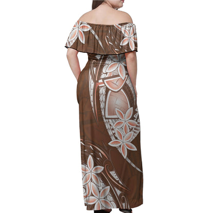 Guam Women Off Shoulder Long Dress Latte Stone Plumeria Flowers
