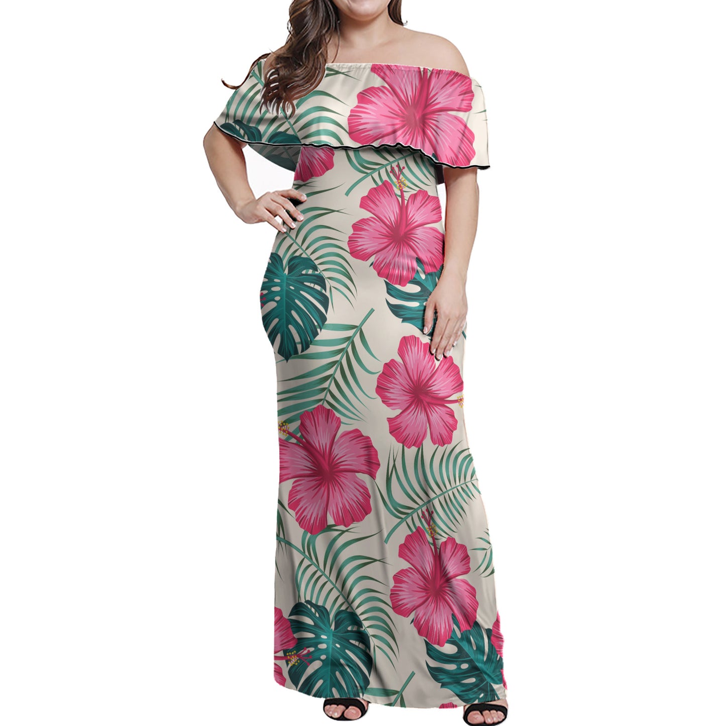 Hawaii Polynesian Woman Off Shoulder Long Dress - Polynesian Hibiscus Flower