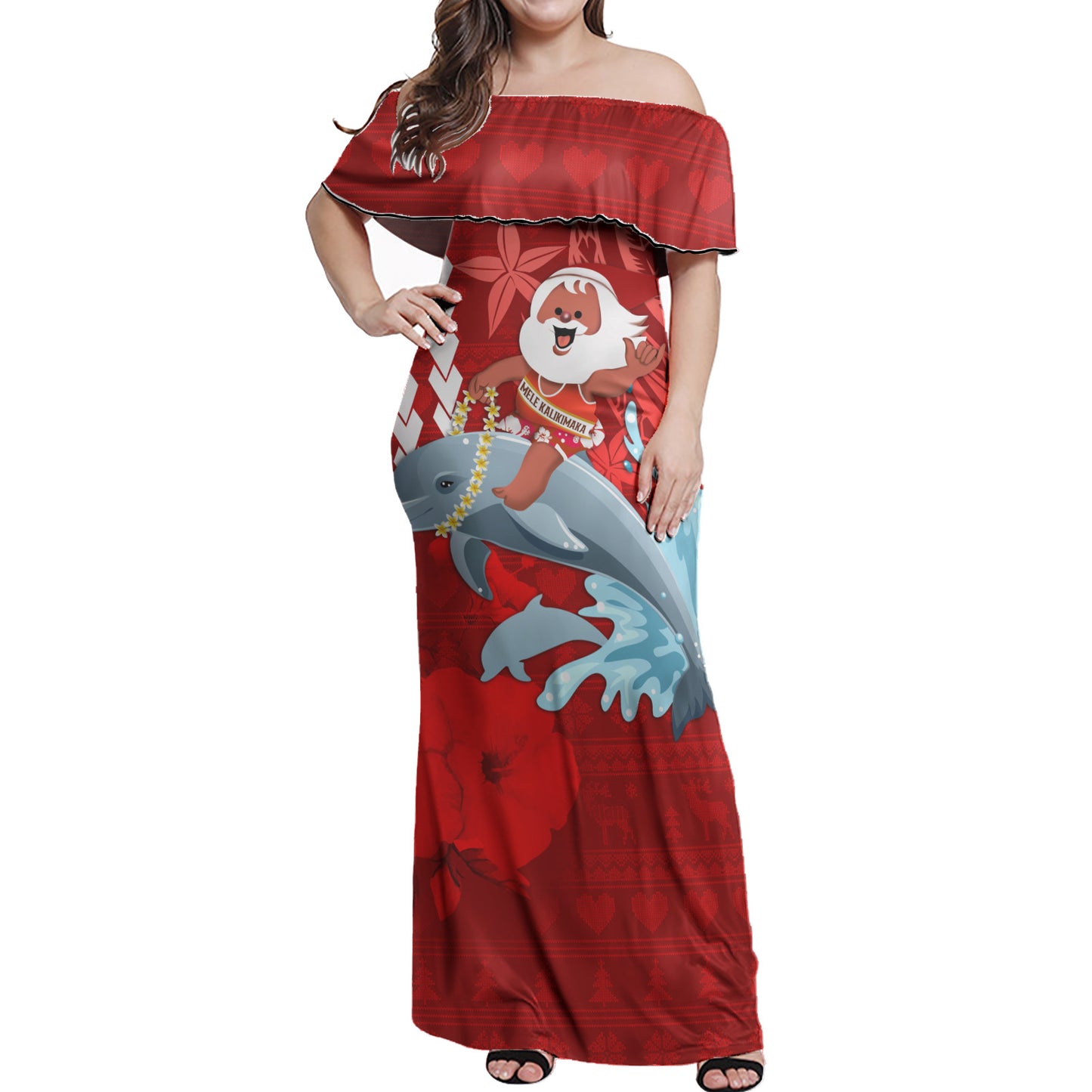Hawaii Polynesian Christmas Off Shoulder Long Dress - Polynesian Santa Christmas Ugly Hawaii
