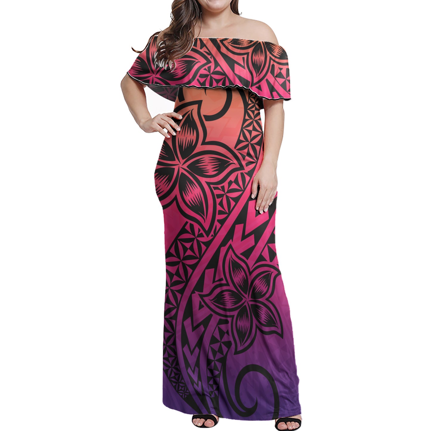 Hawaii Polynesian Woman Off Shoulder Long Dress - Polynesian Flower Purple