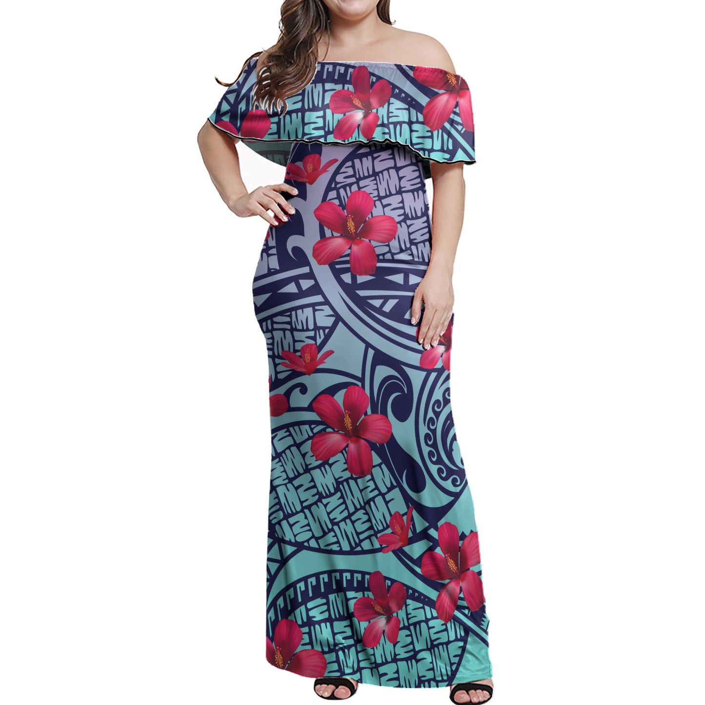 Hawaii Polynesian Woman Off Shoulder Long Dress - Polynesian Flower 2