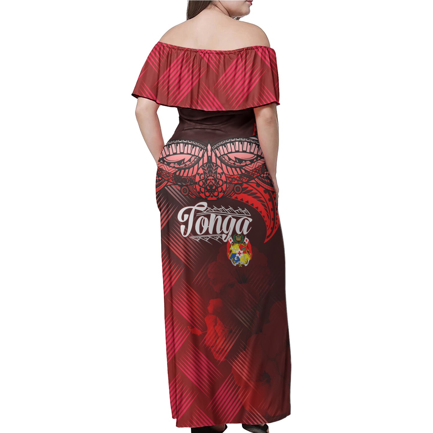 Tonga Polynesian Woman Off Shoulder Long Dress - Tonga Coat Of Arms with Lauhala Tribal Pattern