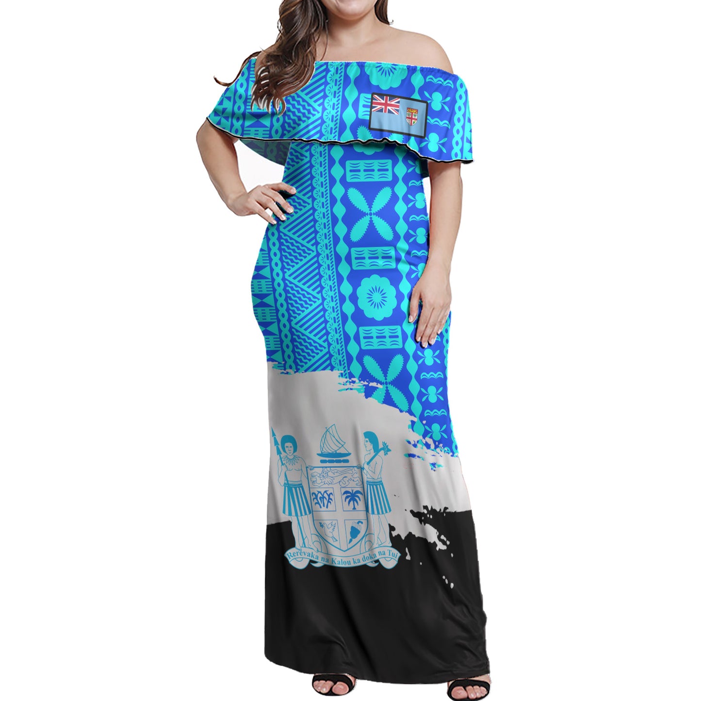 Fiji Polynesian Woman Off Shoulder Long Dress - Fiji Tapa Brush Tribal Patterns