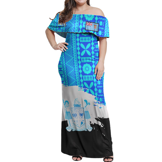 Fiji Polynesian Woman Off Shoulder Long Dress - Fiji Tapa Brush Tribal Patterns
