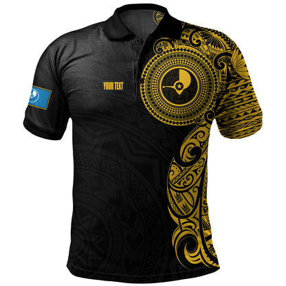 Yap State Polo Shirt Custom Polynesian Half Sleeve Gold Tattoo With Seal Black