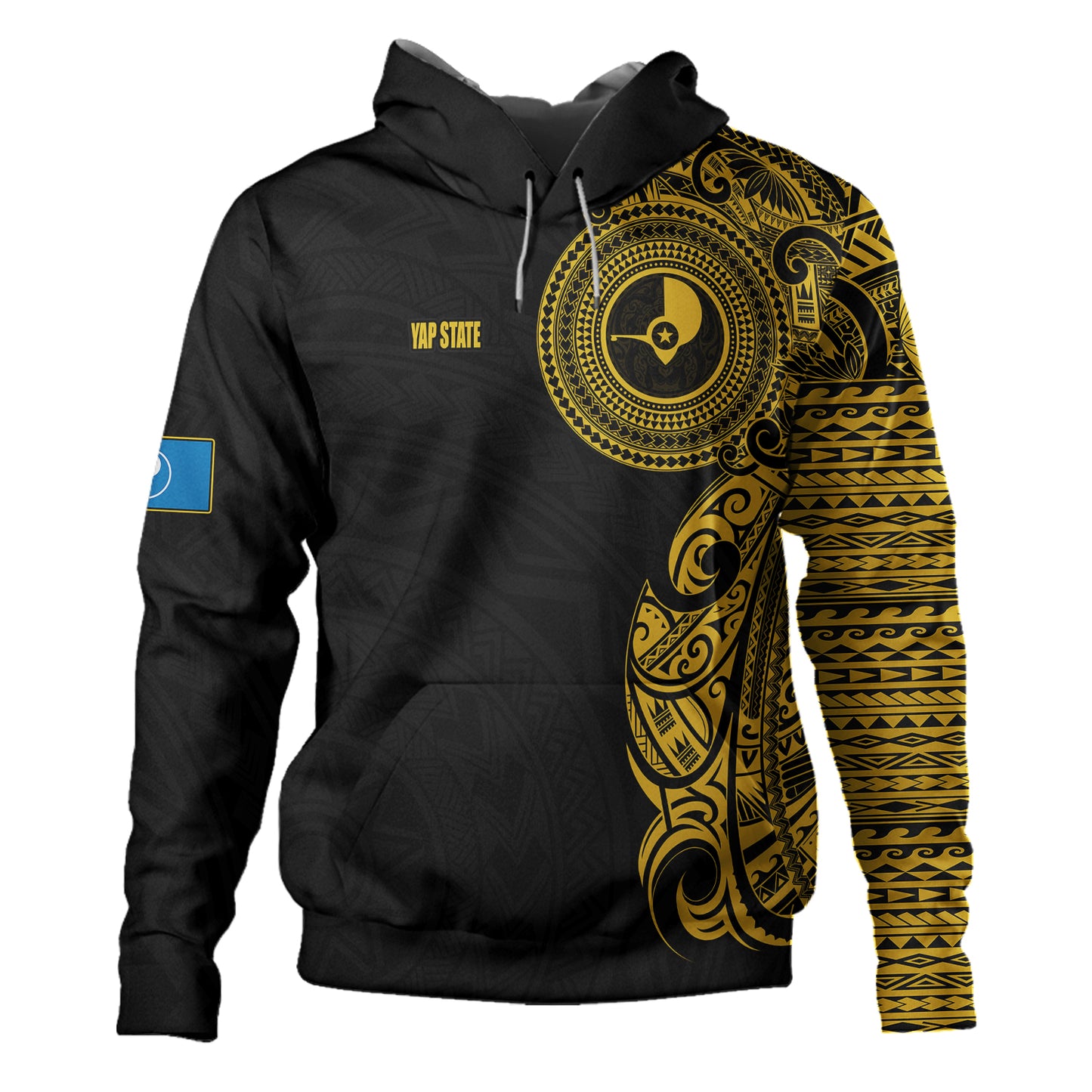 Yap State Hoodie Custom Polynesian Half Sleeve Gold Tattoo With Seal Black