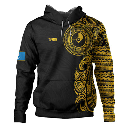 Yap State Hoodie Custom Polynesian Half Sleeve Gold Tattoo With Seal Black