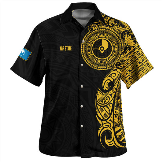 Yap State Hawaiian Shirt Custom Polynesian Half Sleeve Gold Tattoo With Seal Black