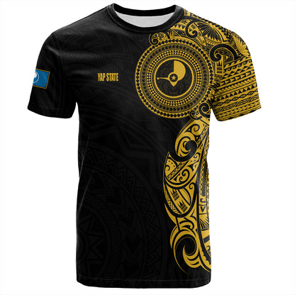 Yap State T-Shirt Custom Polynesian Half Sleeve Gold Tattoo With Seal Black