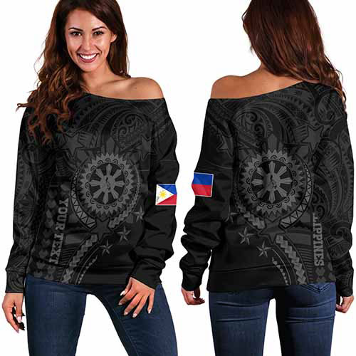 Philippines Filipinos Off Shoulder Sweatshirt - Proud To Be Filipino Tribal Sun Batok Grey Style